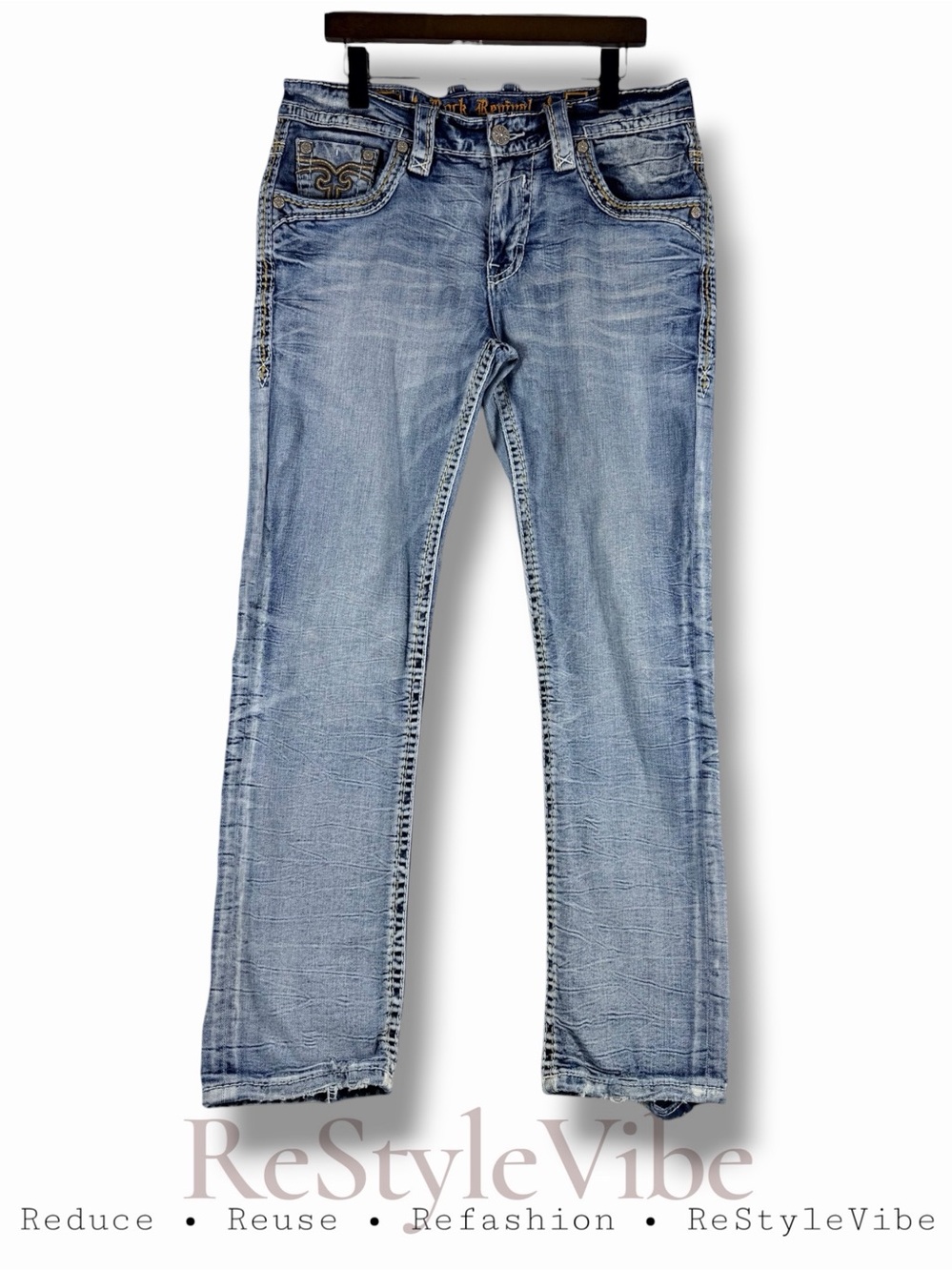 ROCK REVIVAL Men’s Size 34 Denim Jeans Tonka Straight Fit Style Stretch Distress